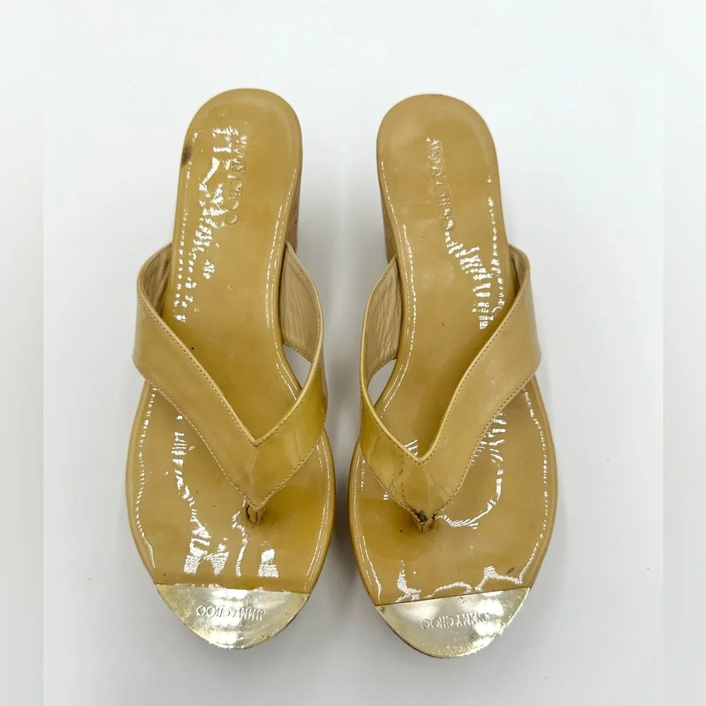 JIMMY CHOO Pathos Patent Leather Cork WEDGES‎ Yellow Women's size 8 EU 38 - Picture 4 of 12